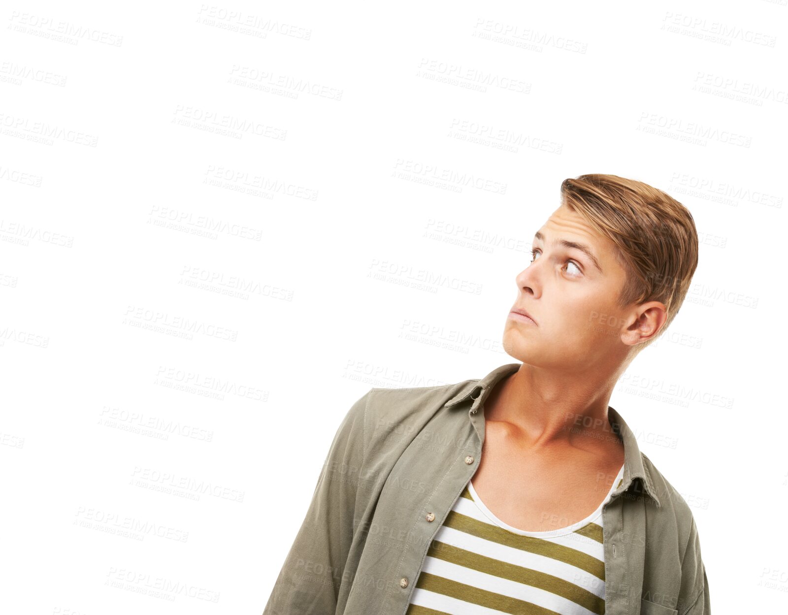 Buy stock photo Fashion, surprise or scared with a hipster man isolated on a transparent background looking nervous. Style, doubt and a confused young male person looking shocked or worried by information on PNG