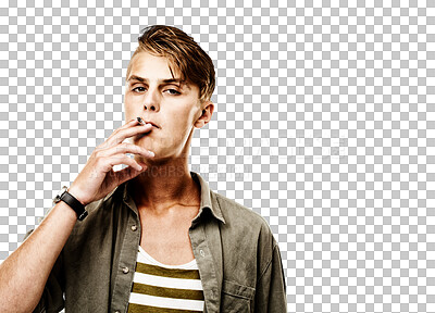 Buy stock photo Portrait, cigarette and a hipster man smoking while isolated on a transparent background for nicotine addiction. Face, tobacco smoke and risk of cancer with a young male person and bad habit on PNG 