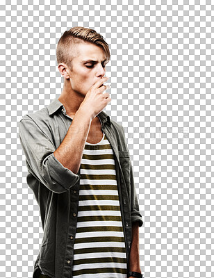 Buy stock photo Fashion, cigarette and a hipster man smoking while isolated on transparent background for nicotine addiction. Cancer, smoke or tobacco and a young male person in danger or risk of bad health on PNG 