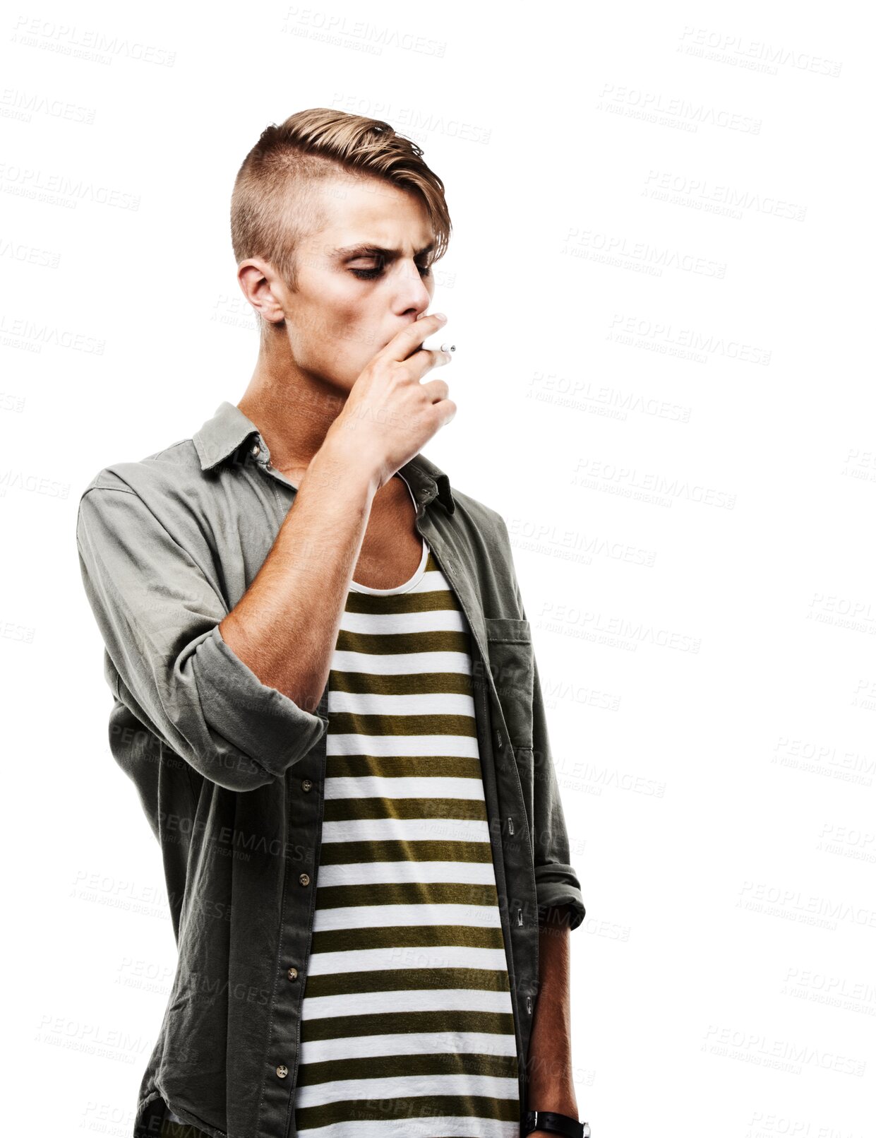 Buy stock photo Fashion, cigarette and a hipster man smoking while isolated on transparent background for nicotine addiction. Cancer, smoke or tobacco and a young male person in danger or risk of bad health on PNG 