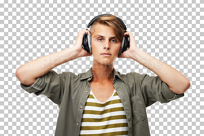 Buy stock photo Portrait, music headphones and serious man listening isolated on a transparent png background. Face, radio and person streaming audio, podcast and hearing sound of jazz, media and hip hop with tech