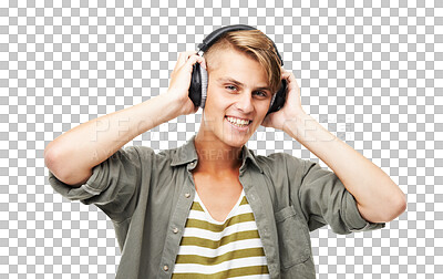 Buy stock photo Music headphones, portrait and happy man listening isolated on a transparent png background. Face smile, radio and person streaming audio, podcast or hearing sound of jazz, media or hip hop with tech