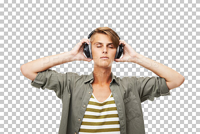 Buy stock photo Music headphones, zen and man listening isolated on a transparent png background. Meditation, radio and person streaming audio, podcast and hearing sound of jazz for calm, peace and relax with tech