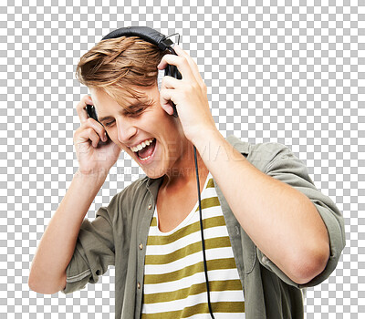 Buy stock photo Portrait, listening and man with headphones, celebration and smile isolated against a transparent background. Male person, excited or model with headset, streaming audio and sound with png and energy