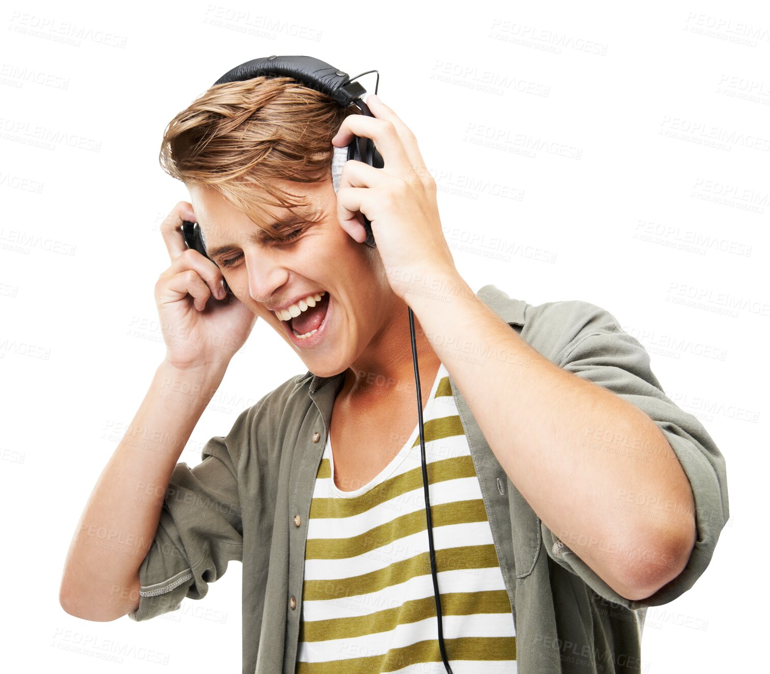 Buy stock photo Portrait, listening and man with headphones, celebration and smile isolated against a transparent background. Male person, excited or model with headset, streaming audio and sound with png and energy