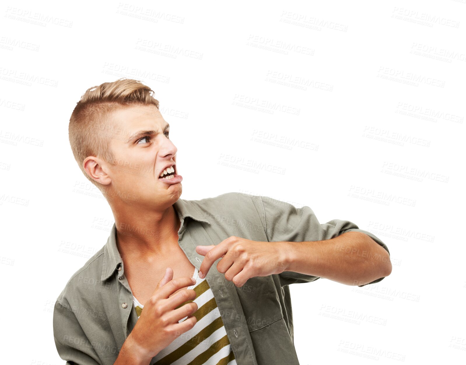 Buy stock photo Man, fear and disgust with reaction, facial expression and drama with alarm isolated on transparent png background. Young male person, afraid and alert with scared and alone, unpleasant and bad