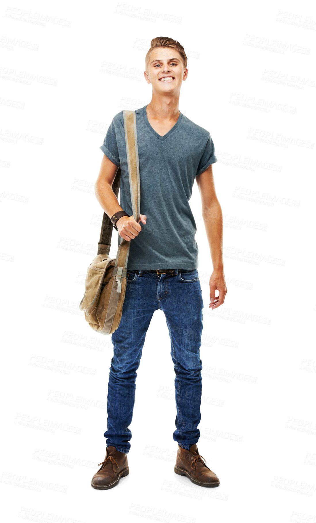 Buy stock photo Portrait, fashion and man with bag or smile in png or isolated and transparent background. Student, guy and confident with style or happiness for travel with hipster in cool clothes with full body.