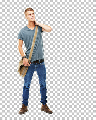 Buy stock photo Fashion, vision and man with bag or thinking in png or isolated and transparent background with style. Idea, student and dream for college with thoughts for decision or travel with trendy hipster.