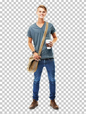 Buy stock photo Portrait, coffee and bag with a student man isolated on a transparent background for university education. School, scholarship and smile with a happy male pupil ready for academic learning on PNG