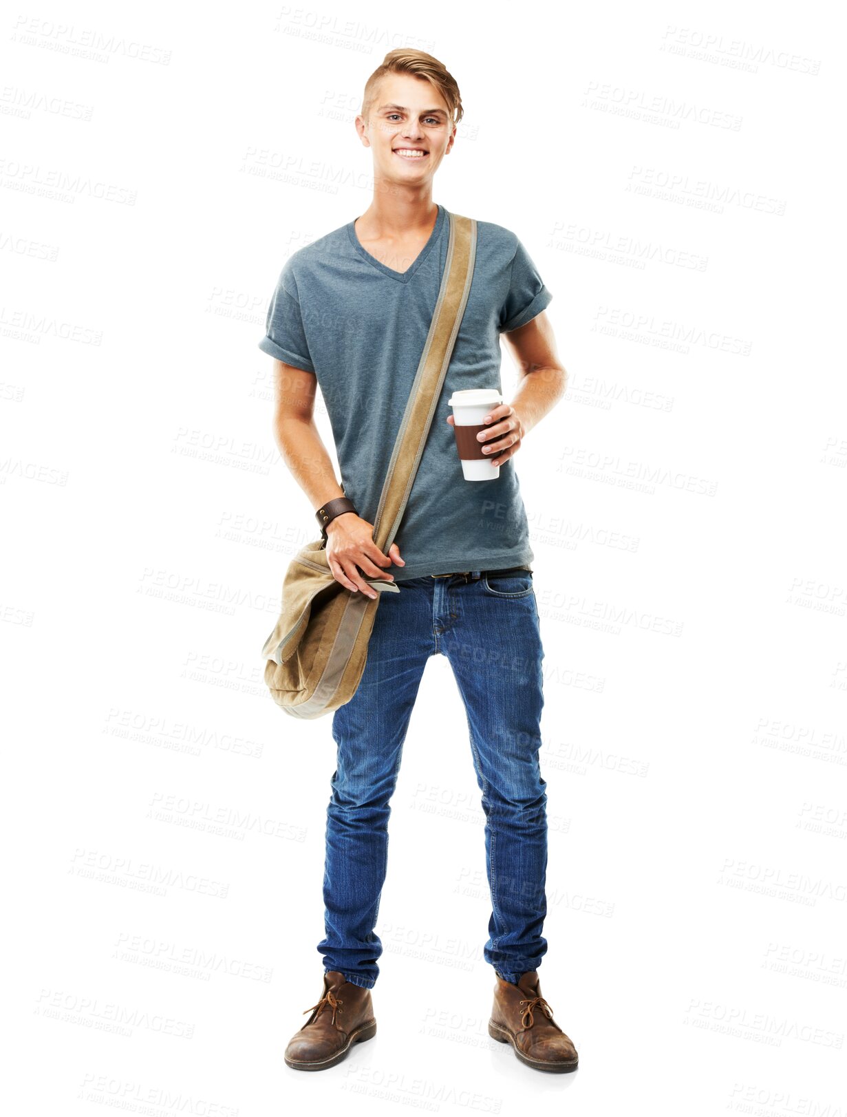 Buy stock photo Portrait, coffee and bag with a student man isolated on a transparent background for university education. School, scholarship and smile with a happy male pupil ready for academic learning on PNG