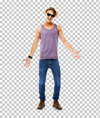 Buy stock photo Portrait, summer and fashion with a man on vacation isolated on a transparent background for trendy style. Smile, holiday and clothes with a happy young male tourist on PNG excited for travel 