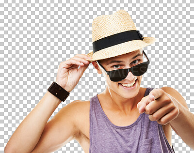 Buy stock photo Portrait of young man pointing you in sunglasses for winner or summer vacation isolated on transparent png background. Summer fashion, choice and happy person or model with finger or hand for winning