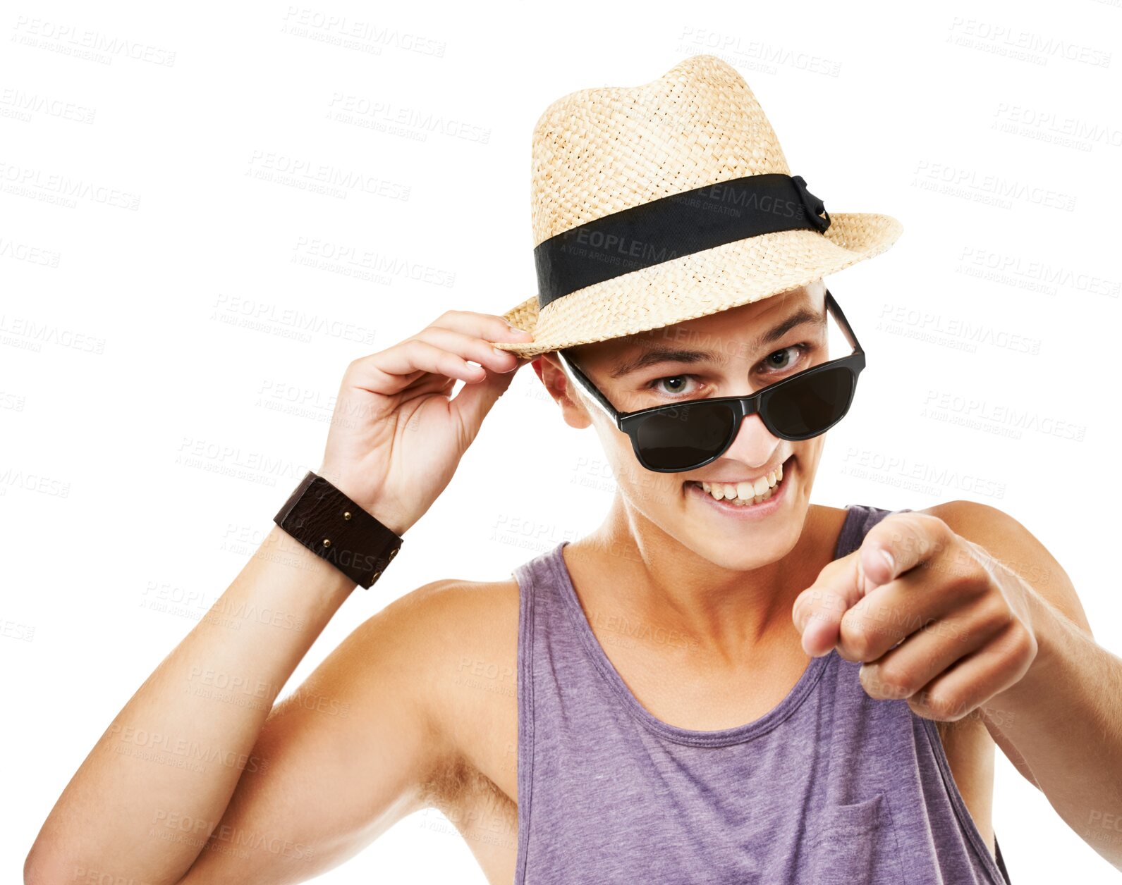 Buy stock photo Portrait of young man pointing you in sunglasses for winner or summer vacation isolated on transparent png background. Summer fashion, choice and happy person or model with finger or hand for winning