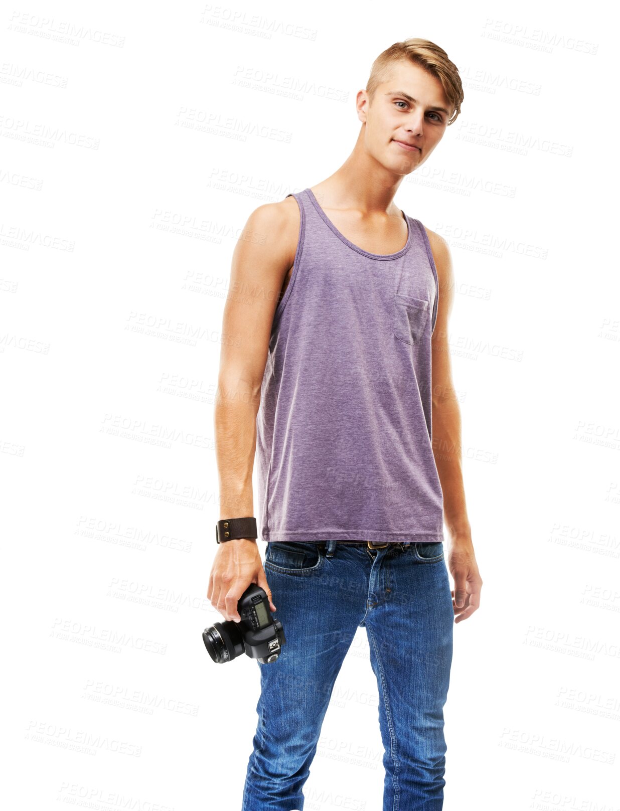 Buy stock photo Isolated man, retro camera and portrait for art, media and photographer job by transparent png background. Content creator, photography student and vintage tech at creativity, magazine or paparazzi