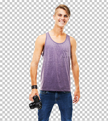 Buy stock photo Man, portrait and photographer with camera isolated on a transparent png background. Happy young male model, cameraman and capture picture with digital equipment, creative artist and photography