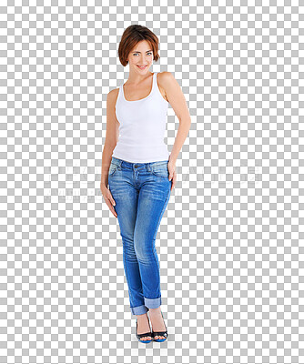 Buy stock photo Fashion, smile and portrait of woman with style, trendy and cool clothes isolated in a transparent or png background. Confident, natural and young female person in casual or elegant jeans outfit