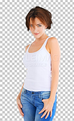 Buy stock photo Fashion, beauty and portrait of woman with style, trendy and cool clothes isolated in a transparent or png background. Confident, natural and young female person in casual or elegant jeans outfit