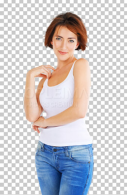 Buy stock photo Fashion, smile and portrait of woman with beauty, trendy and cool clothes isolated in a transparent or png background. Confident, natural and young female person in casual or elegant jeans outfit