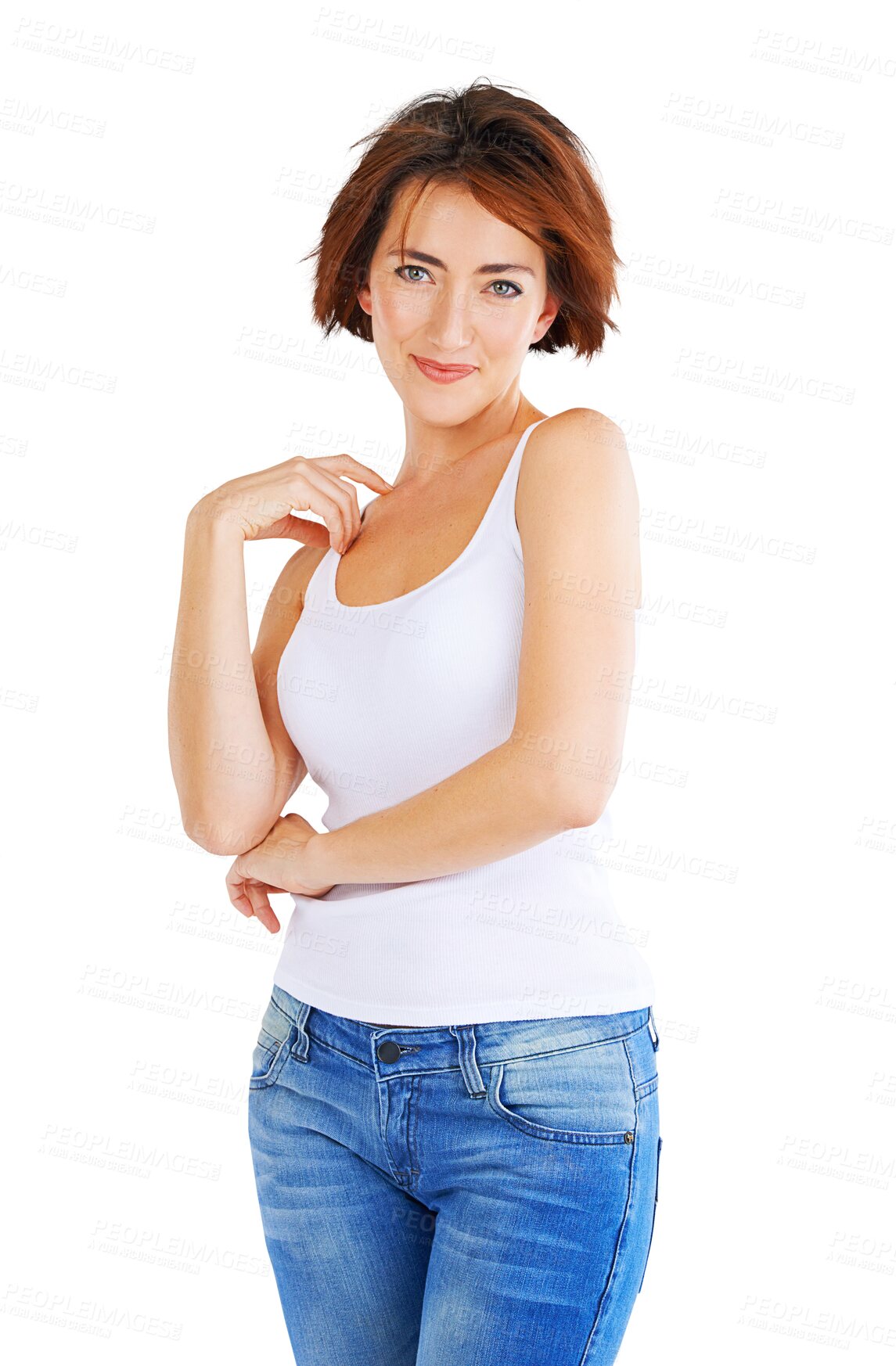 Buy stock photo Fashion, smile and portrait of woman with beauty, trendy and cool clothes isolated in a transparent or png background. Confident, natural and young female person in casual or elegant jeans outfit