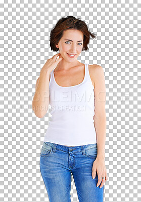 Buy stock photo Fashion, confident and portrait of woman with style, trendy and cool clothes isolated in a transparent or png background. Smile, natural and young female person in casual or elegant jeans outfit