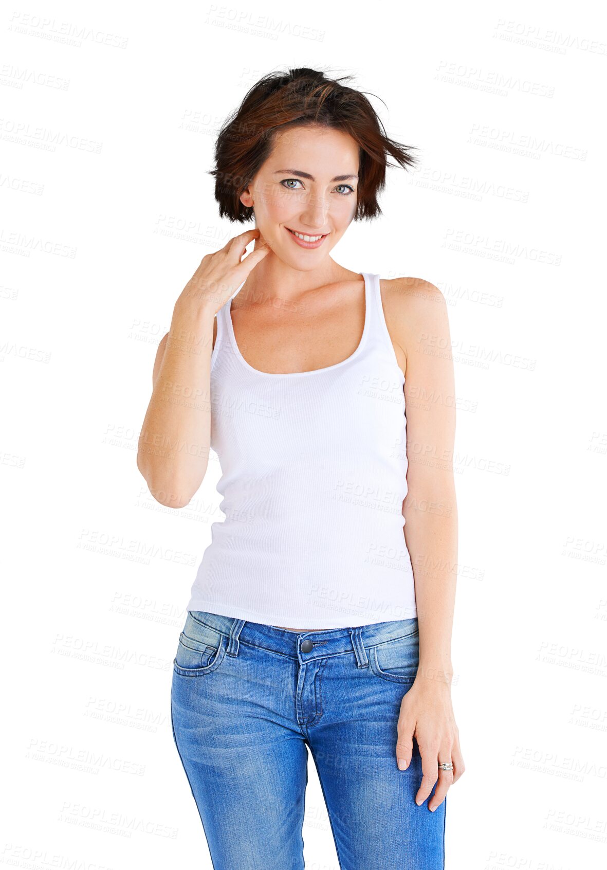 Buy stock photo Fashion, confident and portrait of woman with style, trendy and cool clothes isolated in a transparent or png background. Smile, natural and young female person in casual or elegant jeans outfit