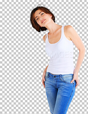 Buy stock photo Fashion, natural and portrait of woman with style, trendy and cool clothes isolated in a transparent or png background. Confident, beauty and young female person in casual or elegant jeans outfit