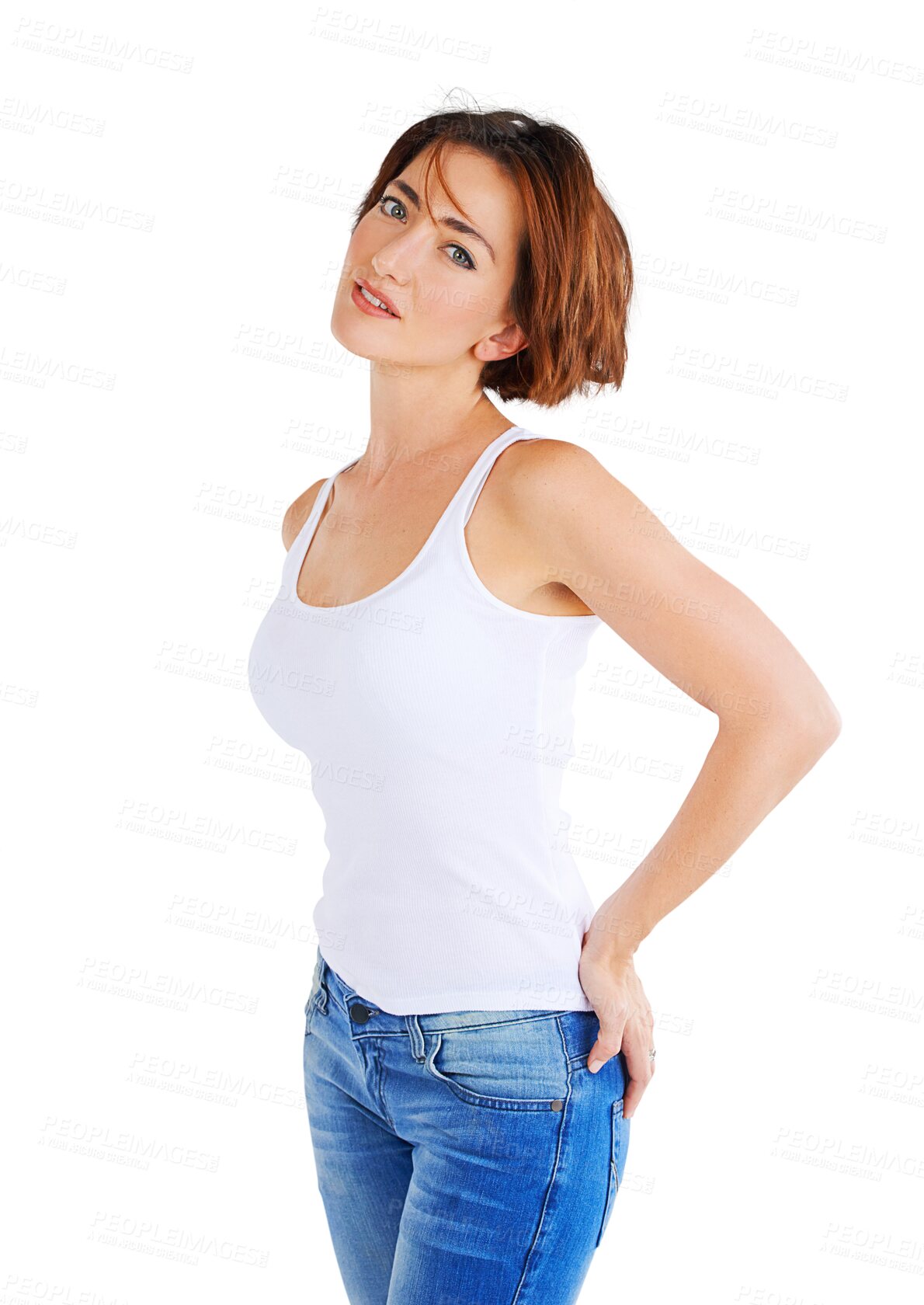 Buy stock photo Fashion, beauty and portrait of woman with style, trendy and cool clothes isolated in a transparent or png background. Confident, natural and young female person in casual or elegant jeans outfit