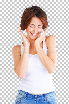 Buy stock photo Thinking, happy and a woman with fashion or a smile for clothes, confidence or ideas. Beautiful, young and a girl or model laughing with casual clothing isolated on a transparent png background