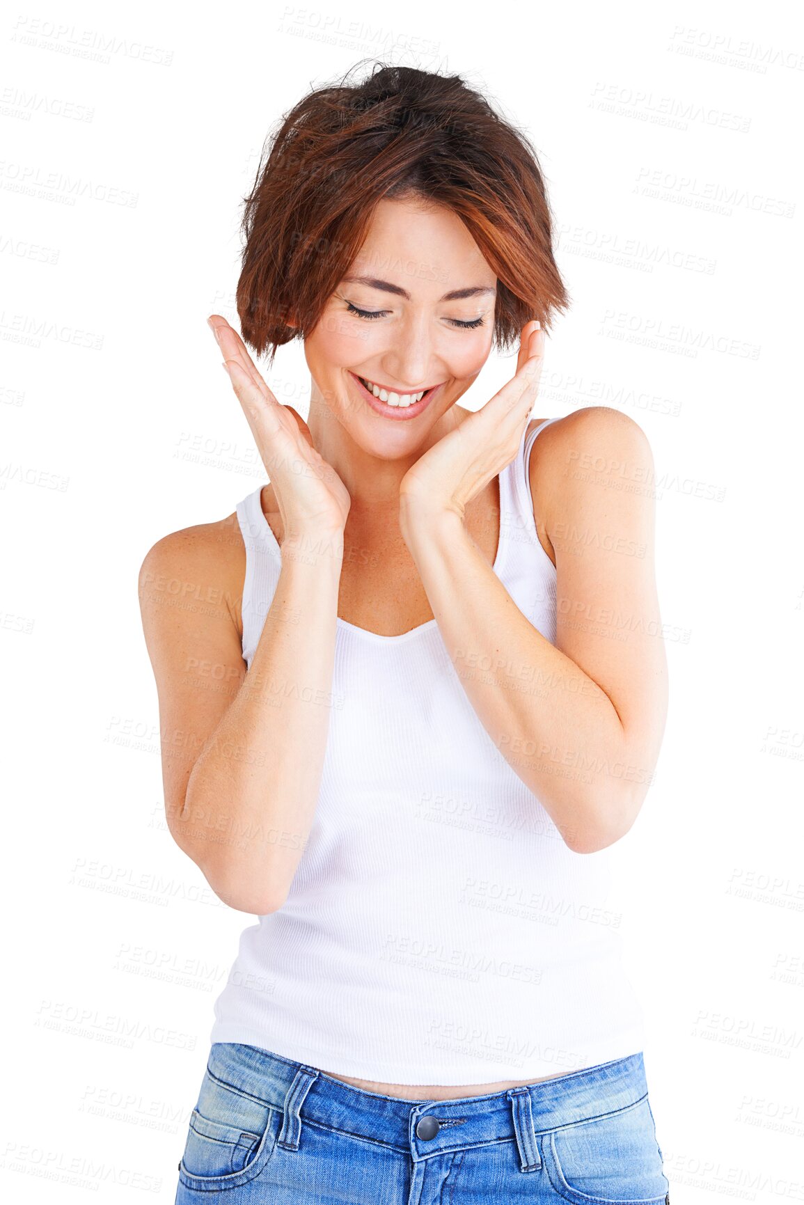 Buy stock photo Thinking, happy and a woman with fashion or a smile for clothes, confidence or ideas. Beautiful, young and a girl or model laughing with casual clothing isolated on a transparent png background