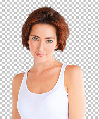 Buy stock photo Happy, beautiful and portrait of a woman for fashion, stylish and elegant in clothes. Young, smile and a girl or model with confidence, cool and attractive isolated on a transparent png background