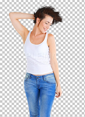 Buy stock photo Fashion, freedom and wind in her hair with a woman isolated on a transparent background for style. Smile, happy and a young female model posing on PNG in a trendy clothes outfit with denim jeans