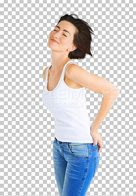 Buy stock photo Smile, freedom and wind in her hair with a woman isolated on a transparent background for style. Fashion, happy and a young female model posing on PNG in a trendy clothes outfit with denim jeans