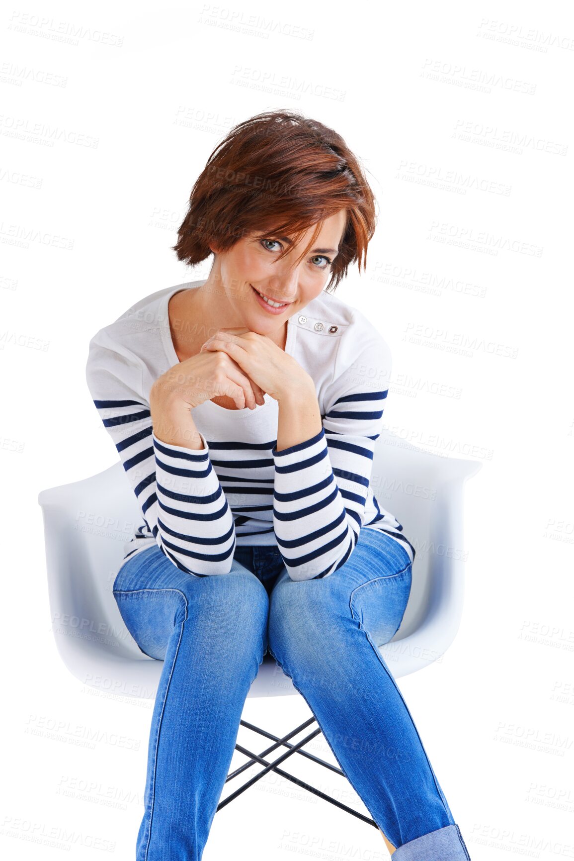 Buy stock photo Portrait, fashion and smile with a woman on a chair while isolated on a transparent background. Happy, clothes and a young female model sitting in a trendy outfit on PNG, posing for a magazine cover