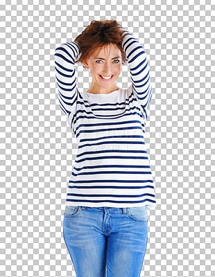 Buy stock photo Happy, beautiful and portrait of woman with fashion, clothes and mature style in jeans. Smile, fun and lady or model with stylish, elegant or trendy clothing isolated on a transparent png background