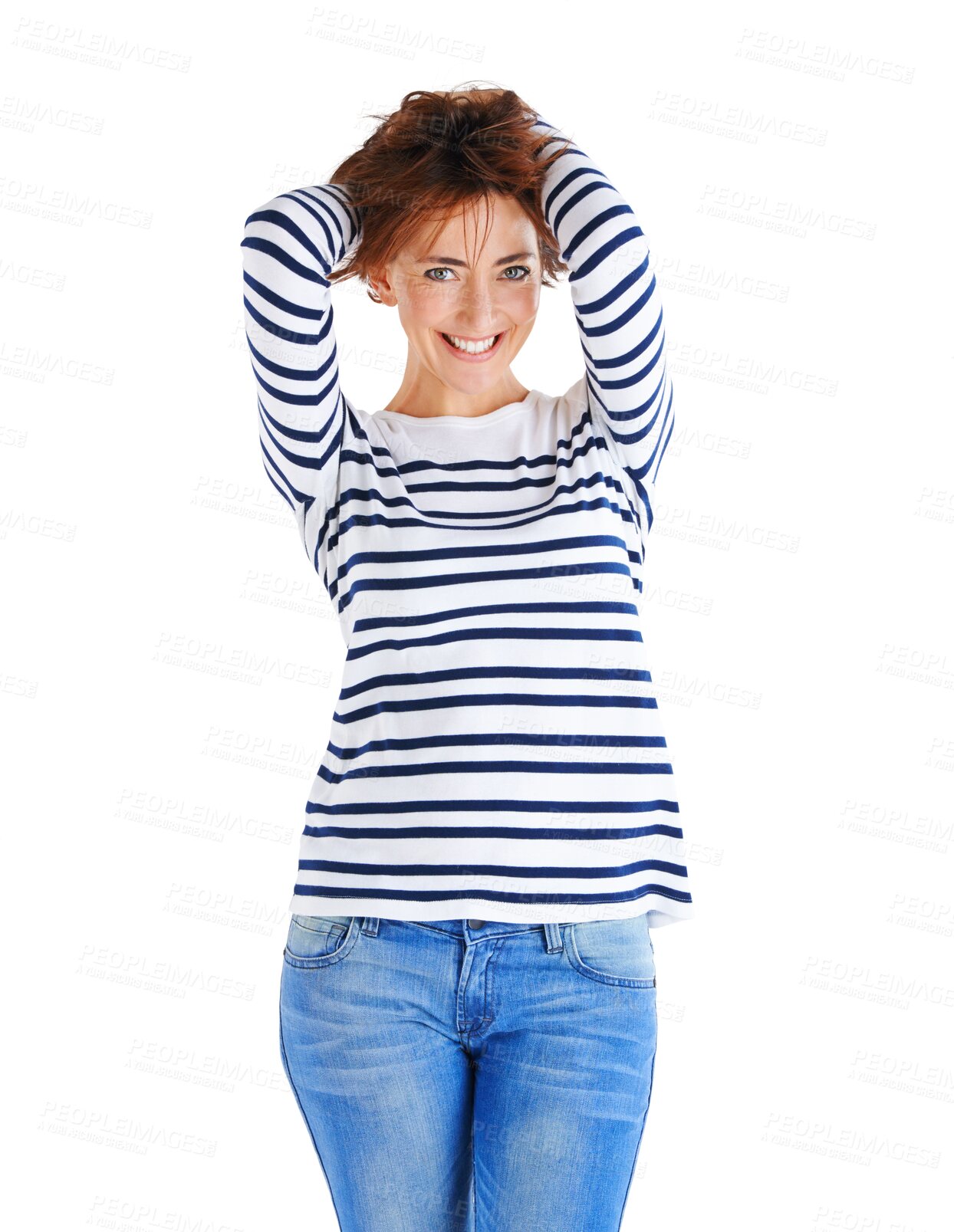 Buy stock photo Happy, beautiful and portrait of woman with fashion, clothes and mature style in jeans. Smile, fun and lady or model with stylish, elegant or trendy clothing isolated on a transparent png background