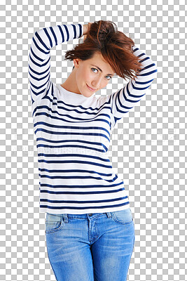 Buy stock photo Stylish, fashion and portrait of a punk woman in trendy, edgy or elegant clothes. Happy, model or a young girl in clothing for modeling, comfort or cool while isolated on a transparent png background