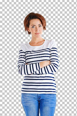 Buy stock photo Portrait, fashion and woman with arms crossed isolated on a transparent png background. Confidence, pride and young person, model or girl in casual clothes, trendy jeans and aesthetic in Australia