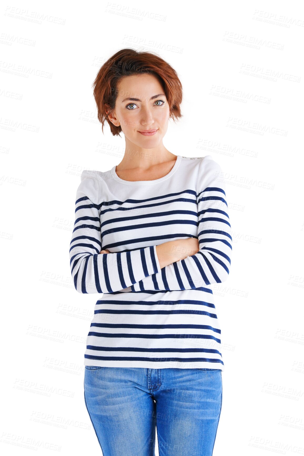 Buy stock photo Portrait, fashion and woman with arms crossed isolated on a transparent png background. Confidence, pride and young person, model or girl in casual clothes, trendy jeans and aesthetic in Australia