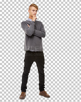 Buy stock photo Thinking, vision and man with idea, confused and isolated on a transparent png background. Doubt, serious and person planning, problem solving and solution for decision, choice and remember memory.