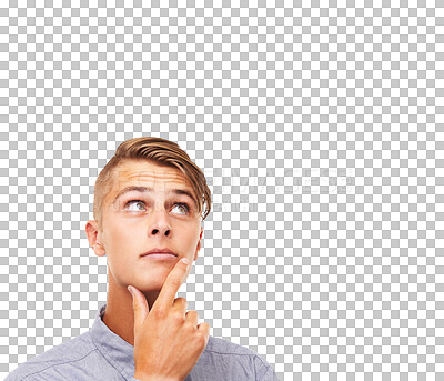 Buy stock photo Face, thinking and man looking up for ideas isolated on transparent png background to remember questions in mind. Male model, memory and solution of decision, problem solving and planning inspiration