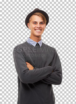 Buy stock photo Fashion, happy and portrait of man with crossed arms on isolated, png and transparent background. Confidence, style and male person with smile and hat in trendy outfit, stylish and casual clothes