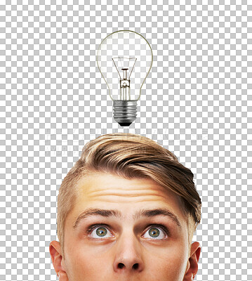 Lightbulb, thinking and young man ideas isolated on transparent, png background for student inspiration or solution. Creative person with light bulb for education, learning and university knowledge