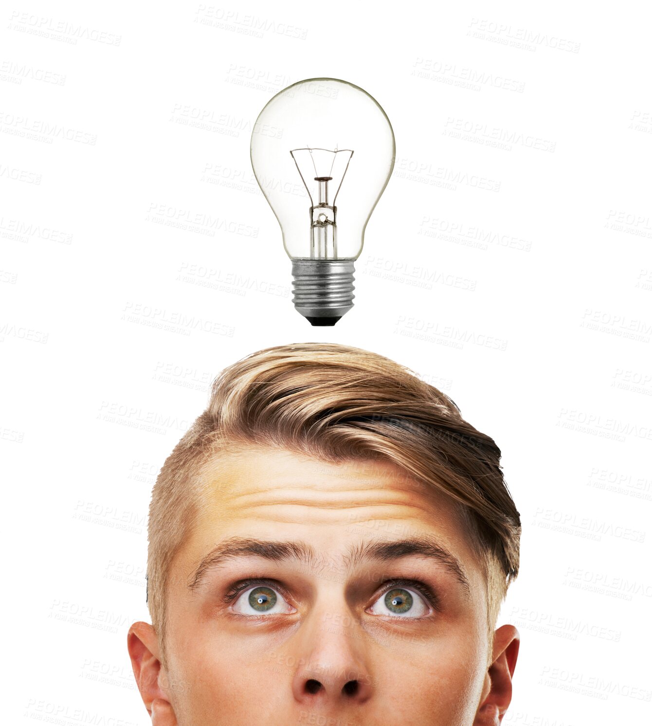 Buy stock photo Lightbulb, thinking and young man ideas isolated on transparent, png background for student inspiration or solution. Creative person with light bulb for education, learning and university knowledge