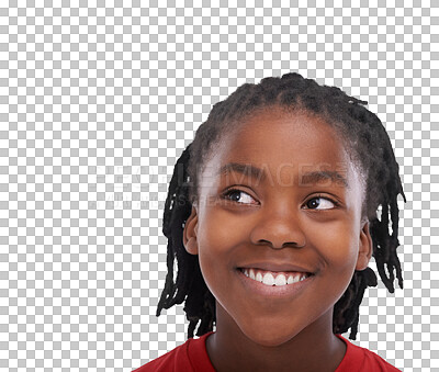 Buy stock photo Thinking, smile and the face of a child with vision, ideas and planning as a youth. Happy, young and head of a little African kid with contemplation and isolated on a transparent png background