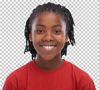 Buy stock photo Isolated African boy child, portrait and smile on face with red t-shirt, confident or pride by transparent png background. Young black kid, happy student or model in cool clothes with casual style