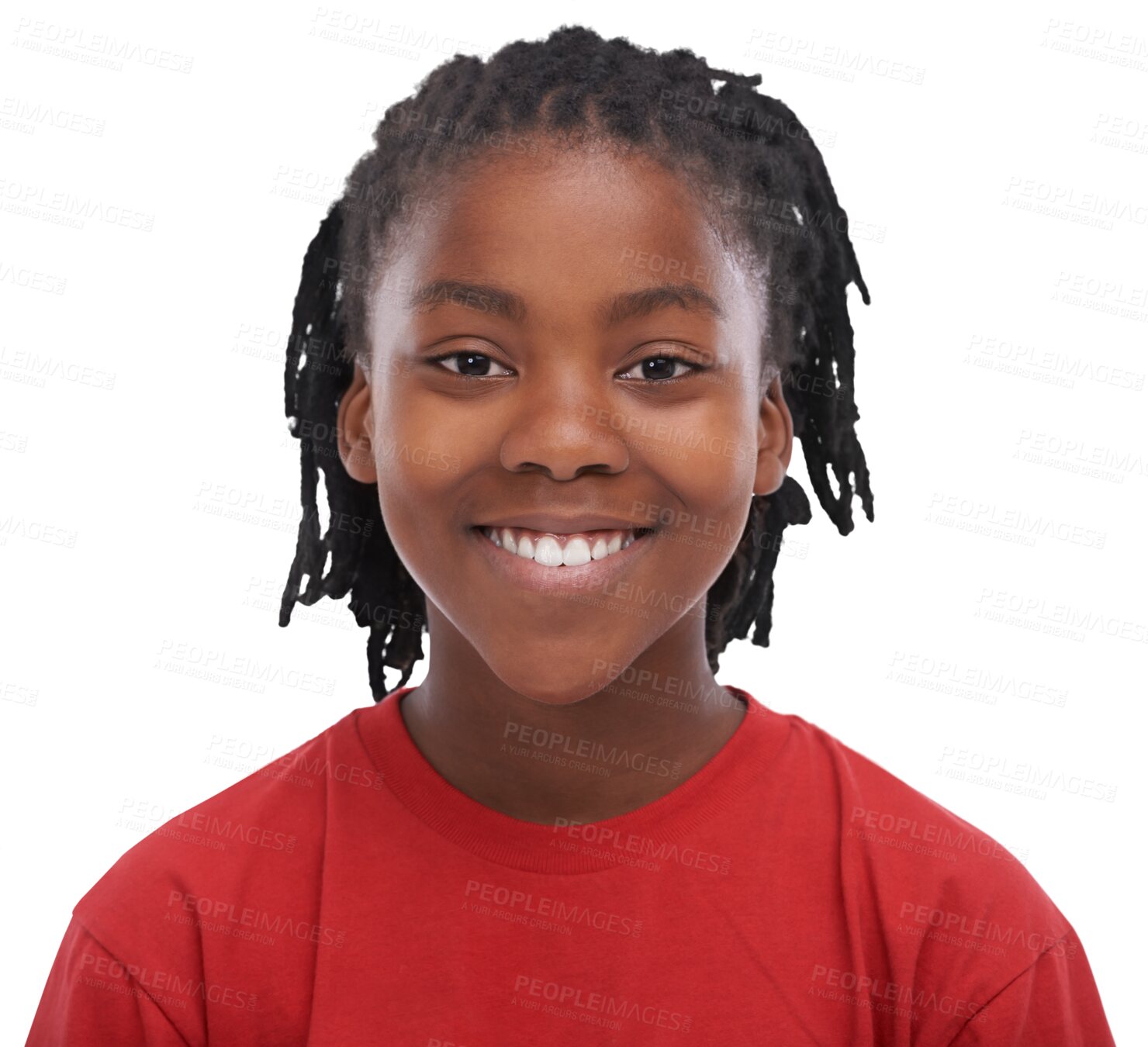 Buy stock photo Isolated African boy child, portrait and smile on face with red t-shirt, confident or pride by transparent png background. Young black kid, happy student or model in cool clothes with casual style