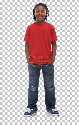 Buy stock photo Fashion, happy and portrait of a child with cool style and a smile for motivation and inspiration. Casual, clothes and an African boy kid isolated on a transparent, png background with confidence