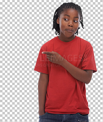 Buy stock photo Pointing, happy and child with direction or showing with a reaction or expression. Smile, young and an African boy kid with a hand gesture as a youth and isolated on a transparent png background