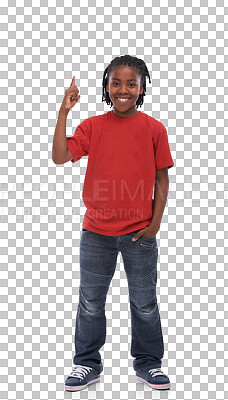 Buy stock photo Advertising, smile and portrait of boy child showing a promo deal isolated in a transparent or png background. Happy, African and young kid showing a promotion, sale or choice with happiness