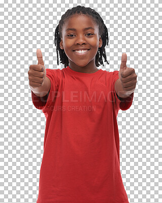 Buy stock photo Portrait, thumbs up and thank you with an african boy isolated on a transparent background for motivation or support. Kids, smile or winner with a happy child saying yes with a like emoji on PNG